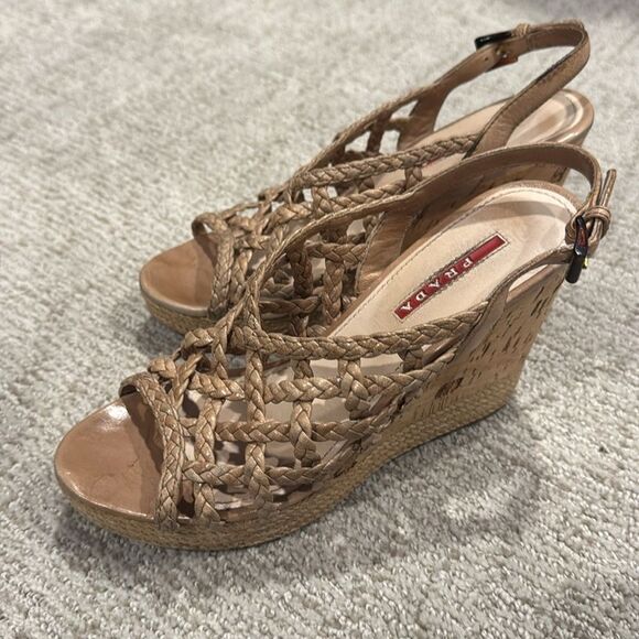 Prada Beige Braided Wedge Sandals Size 37.5 Authentic! - Picture 3 of 14